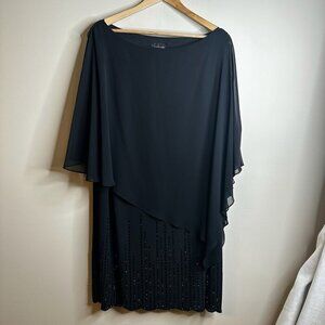 XSCAPE Dress Women 18W Black Overlay Beaded Hem Midi Gown Formal Mature Elegant
